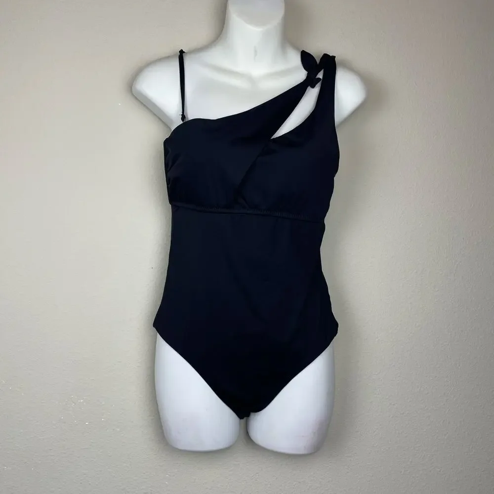 BECCA Black Asymmetrical Neckline One-Piece Swimsuit Sz M Open Tie Back Beach